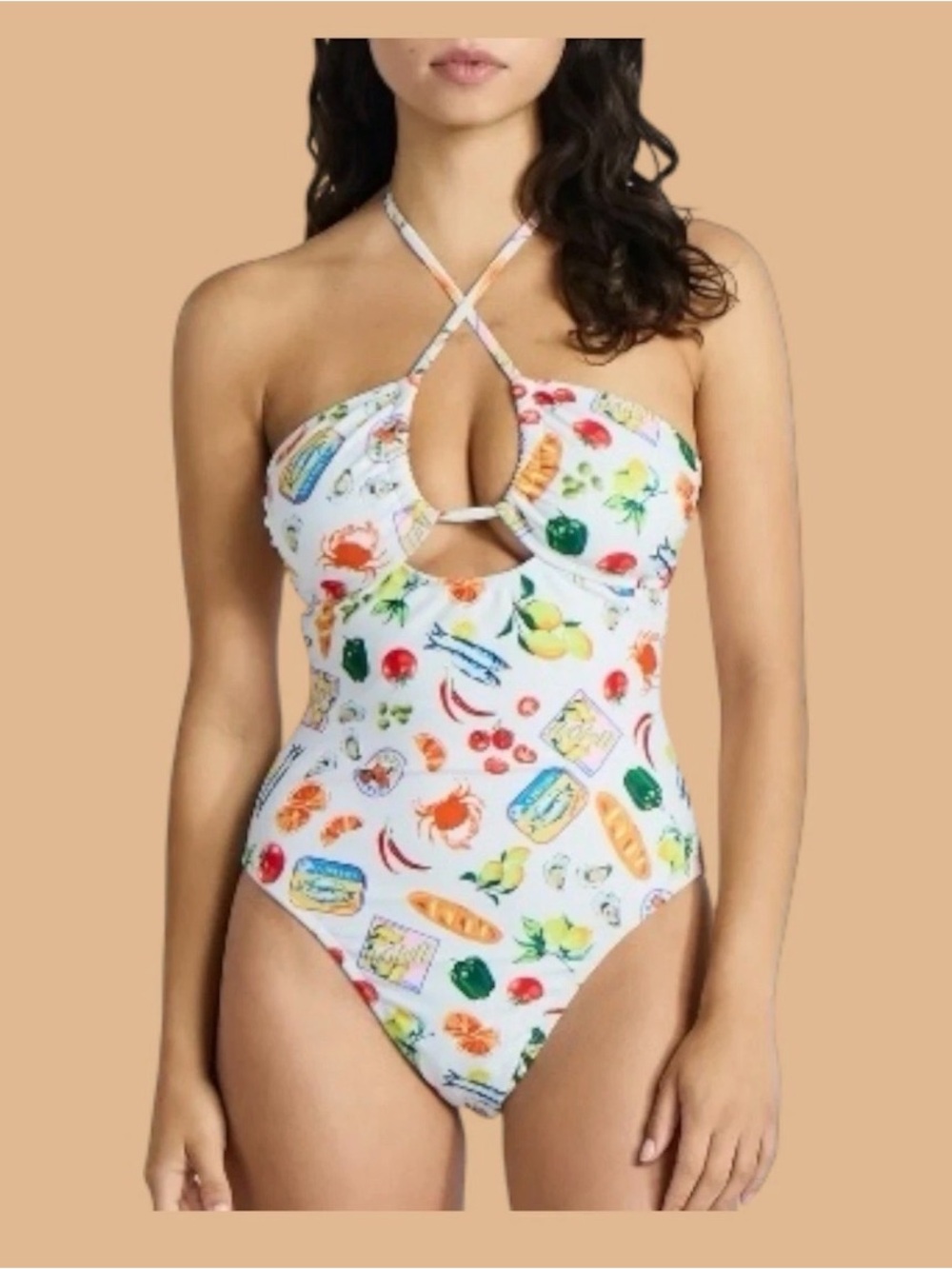 No Boundaries White One-Piece Swimsuit with Colorful Fruit & Seafood Print